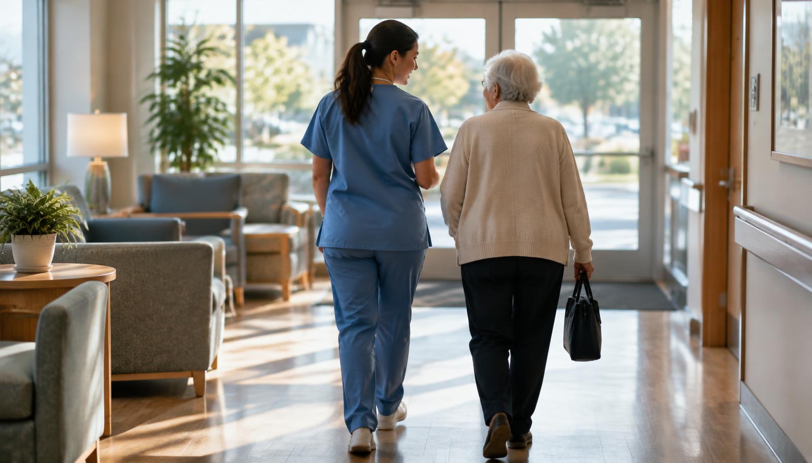 A nurse walking with a patient toward the hospital exit at discharge